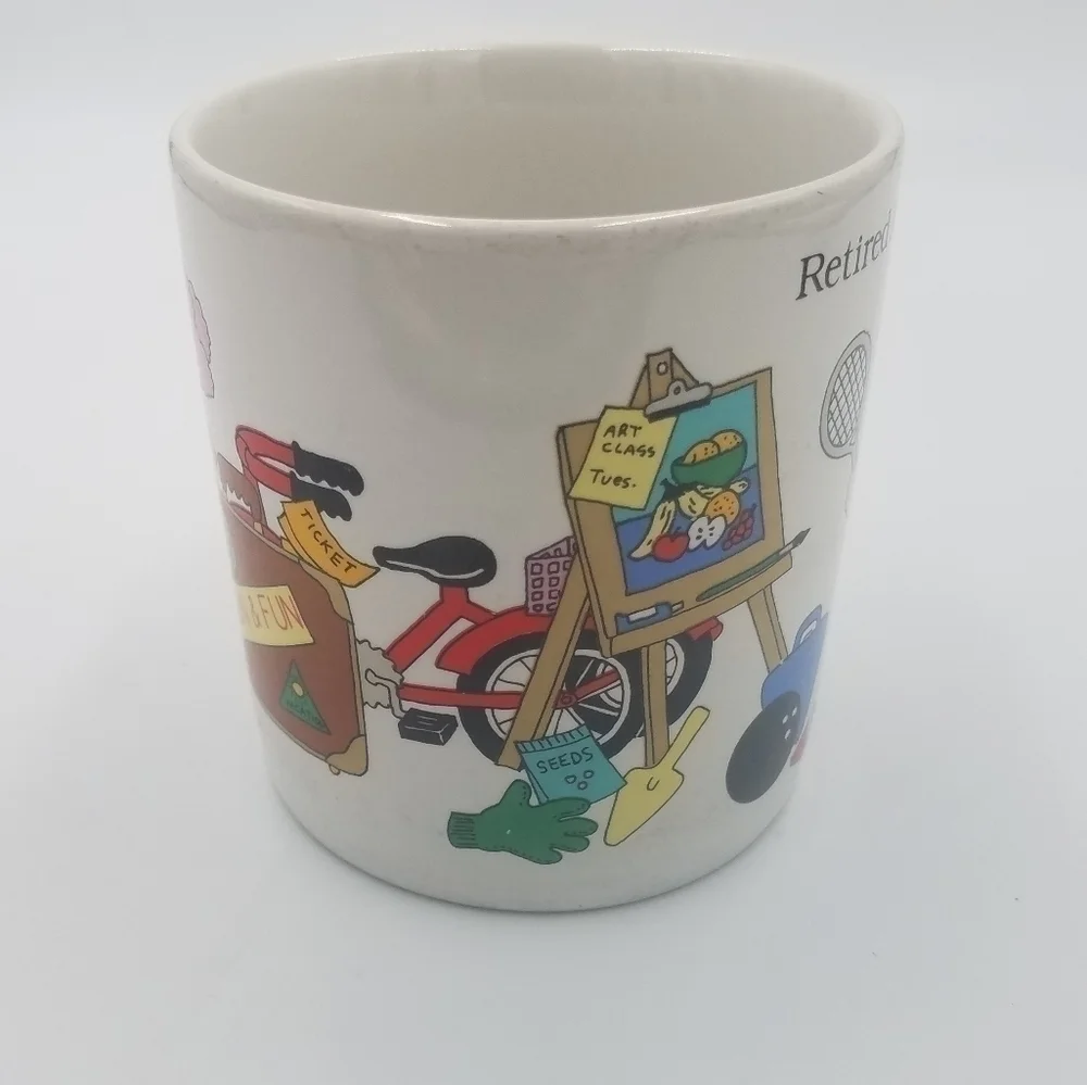 Vintage Russ Retired Retirement Mug Coffee Cup Tennis Knit Travel Bowl Bike